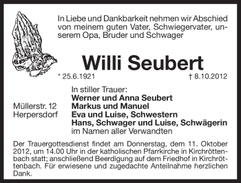 Traueranzeige von Willi Seubert von Pegnitz-Zeitung
